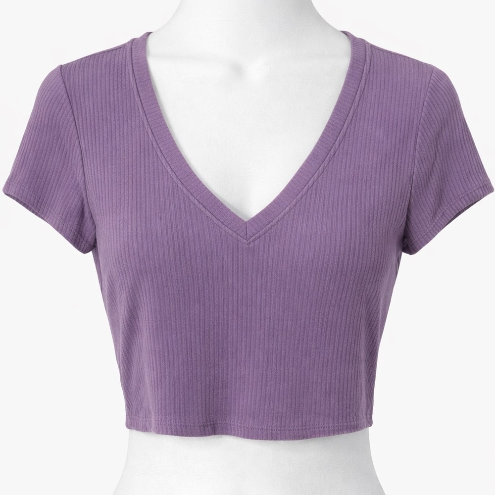 Bozzolo Purple V-Neck Ribbed Crop Top - Picture 2 of 6